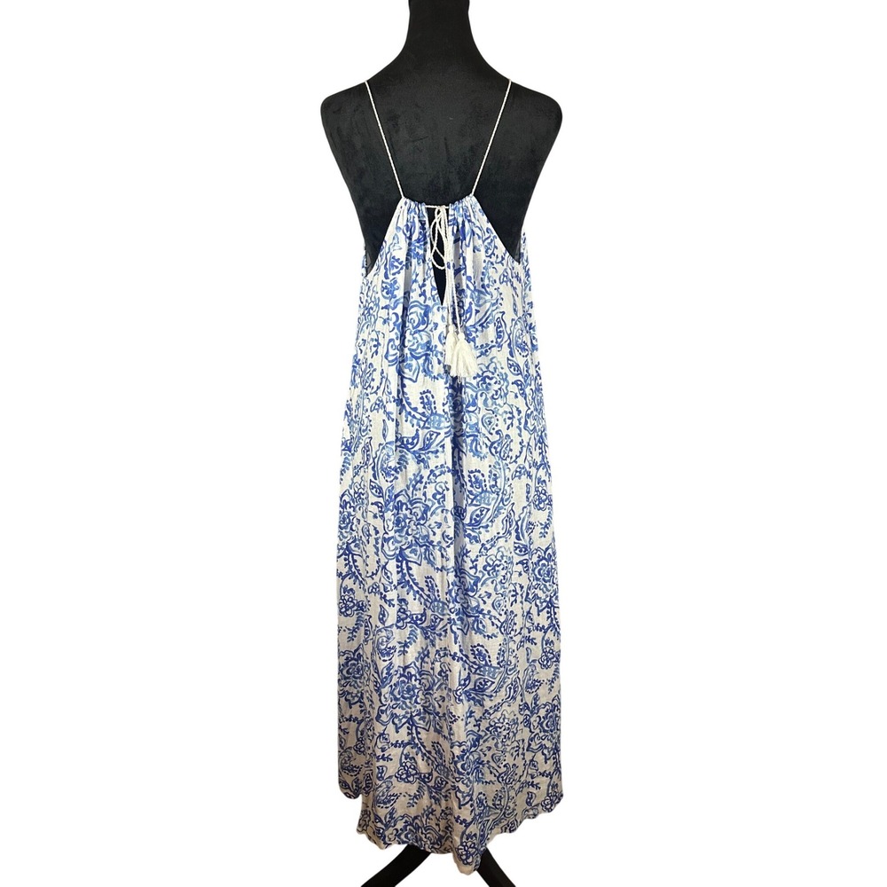 Caroline Constas Long Sun Dress Sz M Blue White Floral Halter Pockets Coastal - Picture 11 of 12